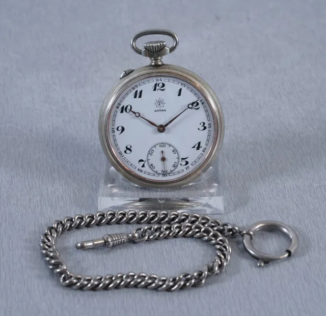 elegante orologio da tasca Junghans Astra 3 coperchi nichel con catena open face vintage