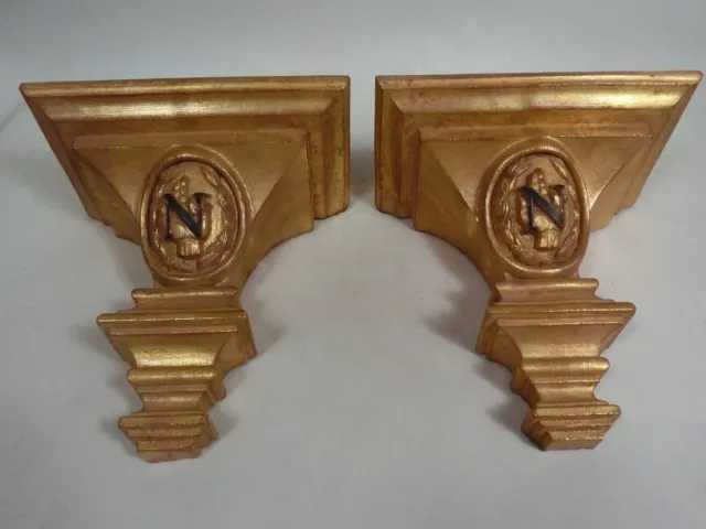 Pr XL Napoleon “N” Wall Bracket Shelves Gold Gilt French Napoleonic Laurel Style