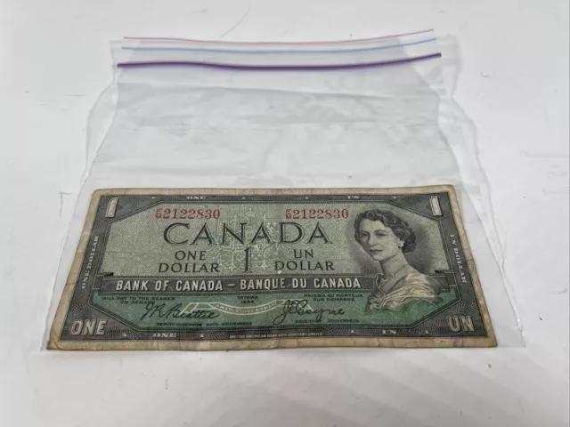 1954 Canadian One 1 Dollar Bill Bank Note Ottawa