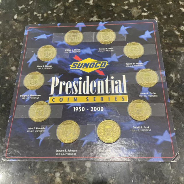 Vtg SUNOCO Presidential Coin Series Set of 10 Brass Coins 1950-2000 COMPLETE