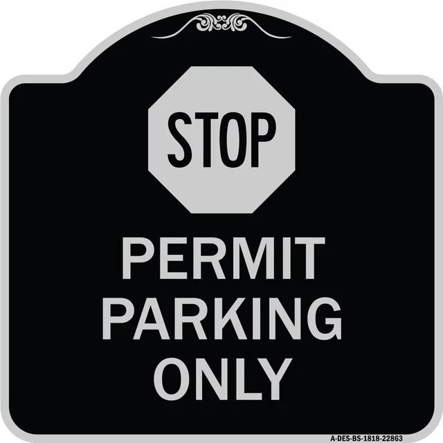 Stop - Permit Parking Only (With Stop Symbol) Black & Silver Aluminum Sign