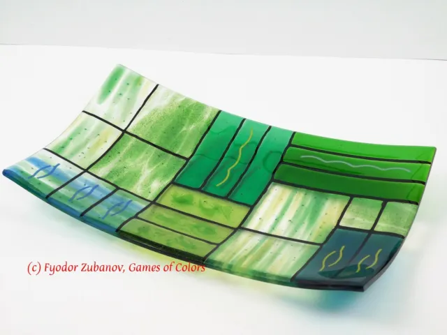 Games of Colors: A decorative fused glass plate "A Gentle color mix"-Greens