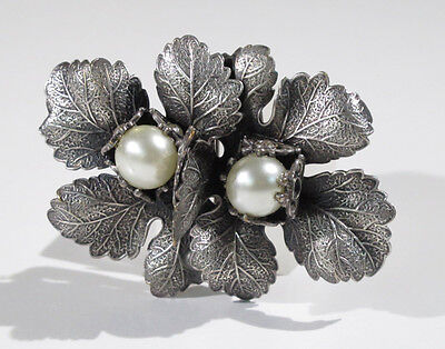 Vintage Art Deco Silver Pin Brooch Clip Carved Floral Pearl Signed AF Paris