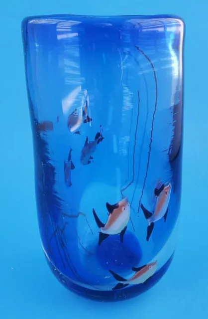 Handblown Murano Style Art Glass Vase Cobalt Blue Ocean Scene Fish