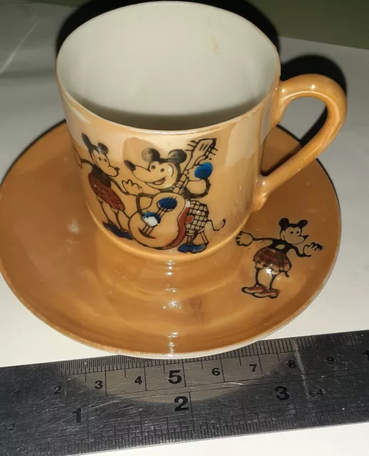 Vintage Japanese Lusterware Cup And Saucer Set Hand Painted Mickey Mouse