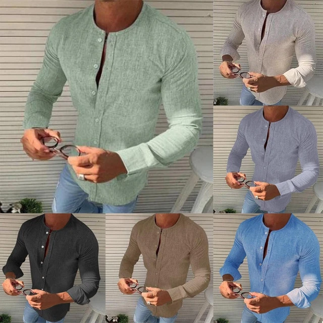 Camicia uomo senza colletto tempo libero retrò maniche lunghe slim fit abbottonatura top