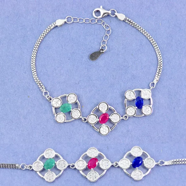 Handcrafted Natural Blue Sapphire Emerald Rubysilver Tennis Bracelet C19778