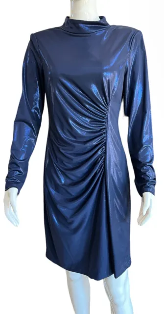 Vince Camuto $168 Blue Metallic Ruched Mockneck Sheath Mini Dress NEW NWT