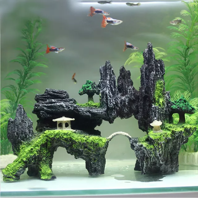 Aquarium Fish Tank Resin Ornament Deco Mountain View Cave Stone Tree Pavilion