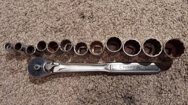 Vintage Craftsman Socket Ratchet Set SAE 1/2" Drive 12 Piece Set USA