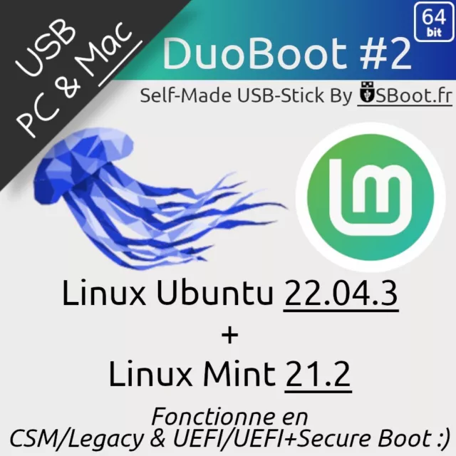 Clé Usb Linux Mint 21.2 Victoria + Ubuntu 22.04.3 Jammy-Jellyfish Bootable Stick