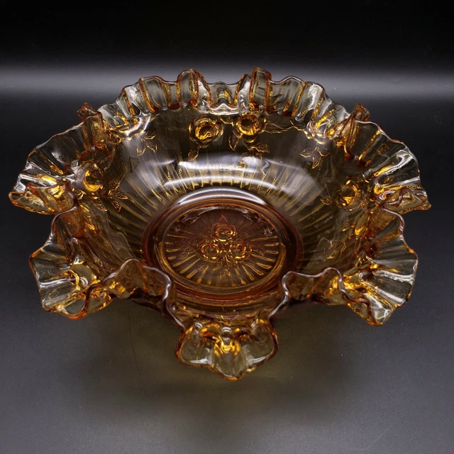9" FENTON Rose Amber Round Double Crimped Footed Bowl