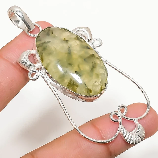 Prehnite Gemstone Handmade 925 Sterling Silver Jewelry Pendant 2.84"