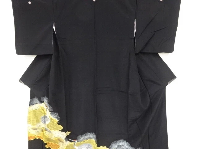 37520# Japanese Kimono / Antique Tomesode / Embroidery / Pine With Cranes