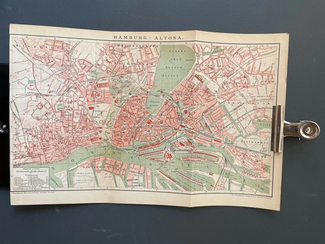 Amburgo Germania Rara stampa antica della mappa Brockhaus originale dalla...