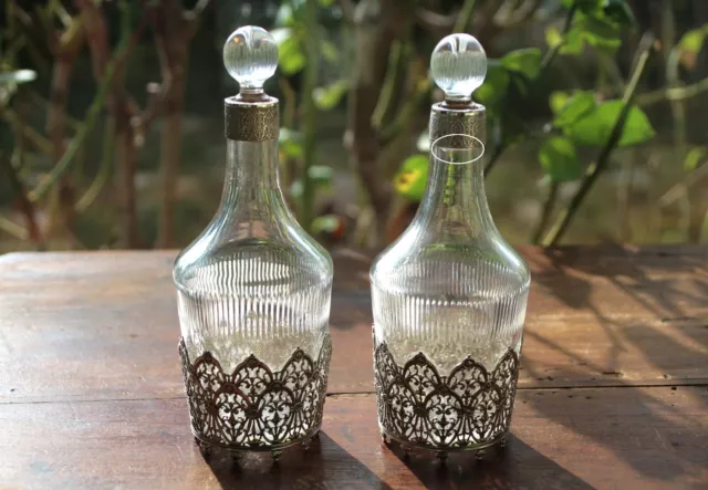 Emile Puiforcat  Paire de carafes à liqueur Cristal & Argent 800/1000 19e siècle