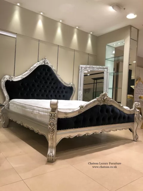 Luxury Large Statement French Silver Leaf Ornate Black Velvet King size Bed