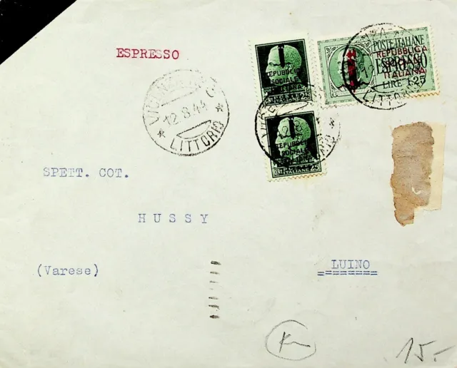 SEPHIL ITALY 1944 WWII 3v W/ OVPT ON EXPRESS COVER FROM VICENZA TO LUINO VARESE