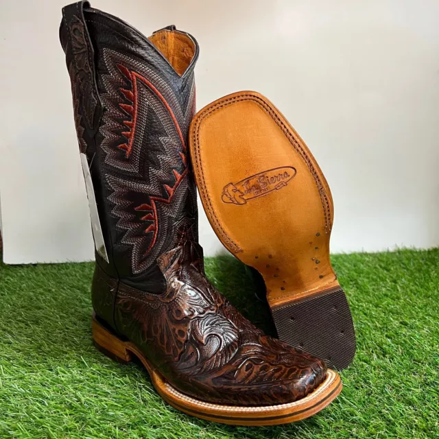 Women Cowgirl Western Hand Tooled Boot Leather Square Toe Bota Vaquera Cincelada