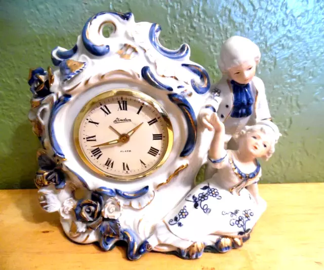 1950'S Linden  Porcelain Windup Alarm Clock Colonial Courting Couple Working