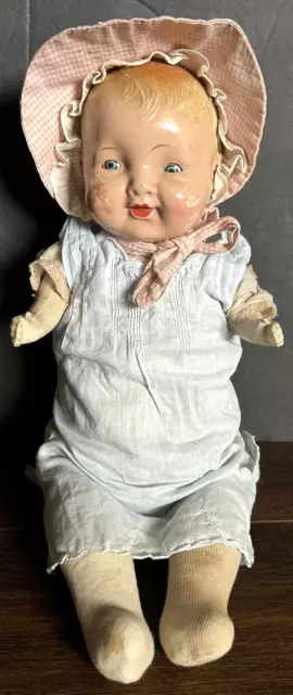 Vtg/Antique 17" Baby Doll Composition Head Cloth Body Jointed Legs Plastic Arms