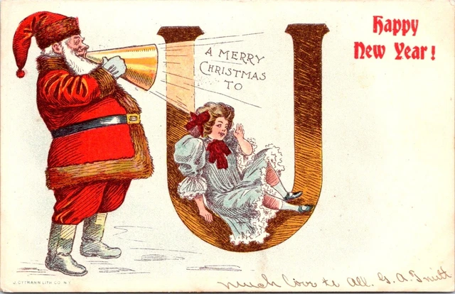 1906, Full Length Comic SANTA Saying MERRY CHRISTMAS in a Megaphone Postcard