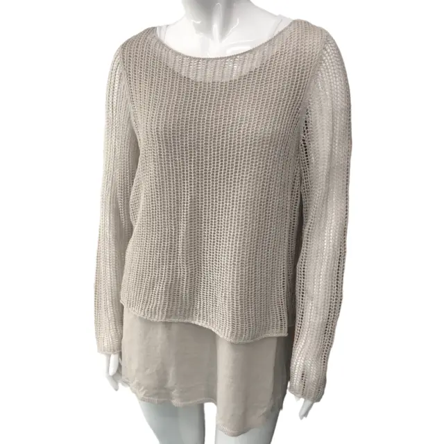 Eileen Fisher Womens Size M Sweater Layered Open Stitch Top Organic Linen Beige