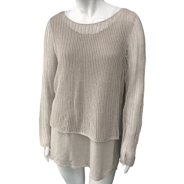 Eileen Fisher Womens Size M Sweater Layered Open Stitch Top Organic Linen Beige