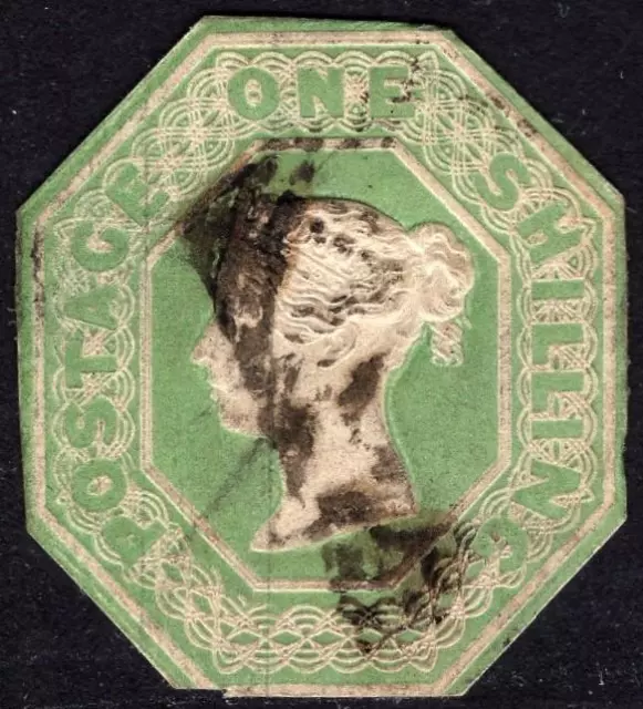 GB: 1847-1854 1/- Green Embossed - Sg 55 - Cut to Shape - Cat £1000 (69998)