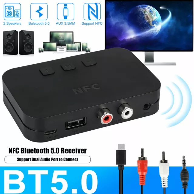 Bluetooth 5.0 Receiver Wireless 3.5mm Jack AUX NFC to 2RCA Audio Stereo Adapter