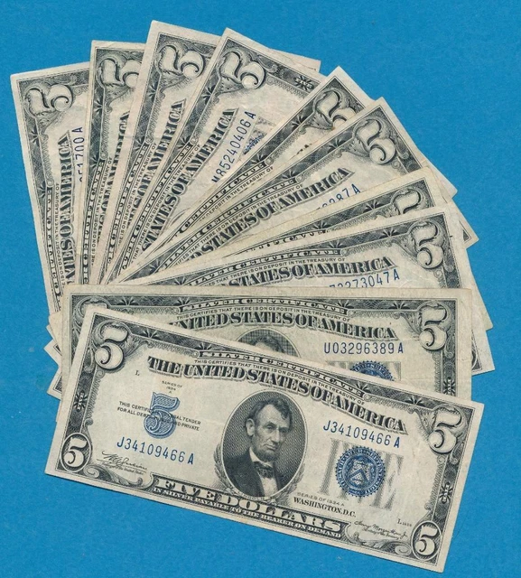 10-$5.00 1934 Mixed Series Blue Seal Silver Certificates Nice Vf+Xf Lot
