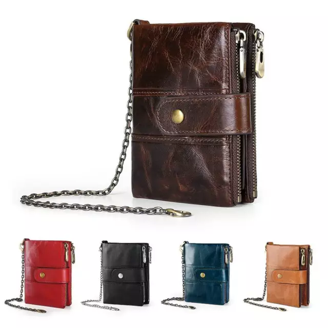 Genuine Leather Men Women Wallet ZIP Coin Hold Biker RFID Bifold Antitheft Chain