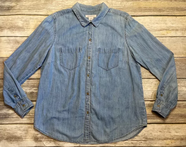 LIZ CLAIBORNE Women's Long Sleeve Button Up Cotton Blue Jean Blouse Top Size L