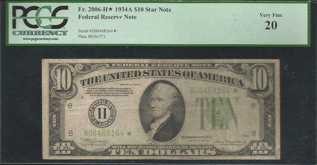 Fr. 2006-H* 1934-A $10 *STAR* FRN FEDERAL RESERVE NOTE ST. LOUIS, MO PCGS VF-20