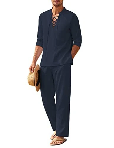 Men's 2 Piece Linen Set Long Sleeve Henley Shirts Casual Beach Pants With