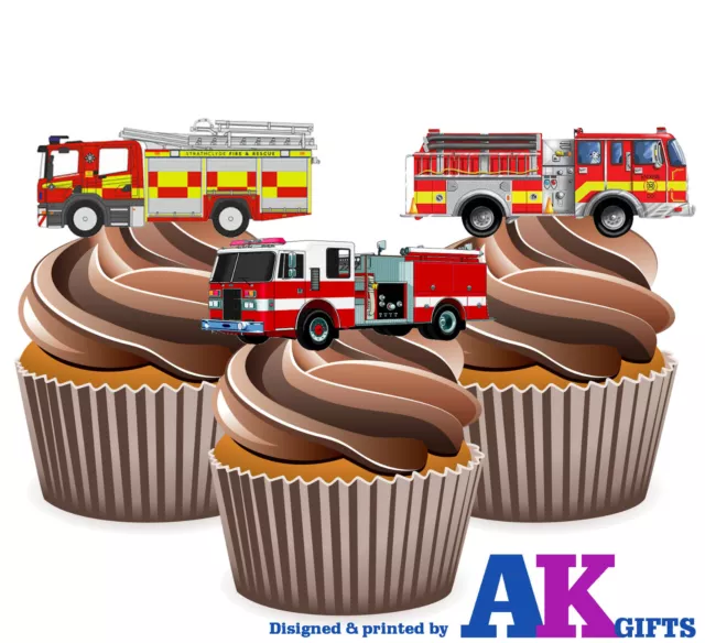 PRECUT Fire Engine 12 Edible Cupcake Toppers Cake Decorations Birthday Party