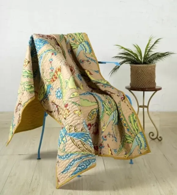 Indiano Handmade Kantha Trapunta Blocco Uccello Stampa Fiori Coperta Copriletto