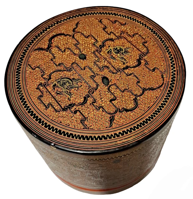 Burmese Asian Orange Lacquer Hand Painted 4 Piece Betel Nut Box RARE ANTIQUE 3