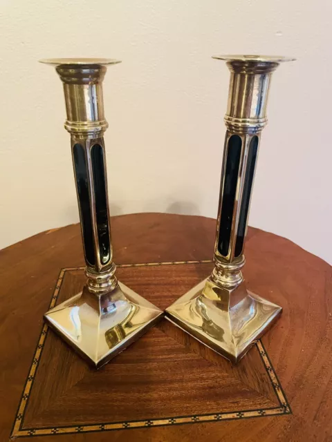 2 Vintage Brass Art Deco Style 8” Heavy Candlesticks Black Enamel ? Inlay EUC