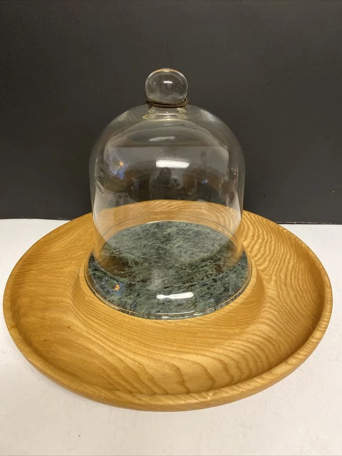 Wood, Marble Tile Cheese Round Cutting Serving Board Glass Dome Cloche 12”D