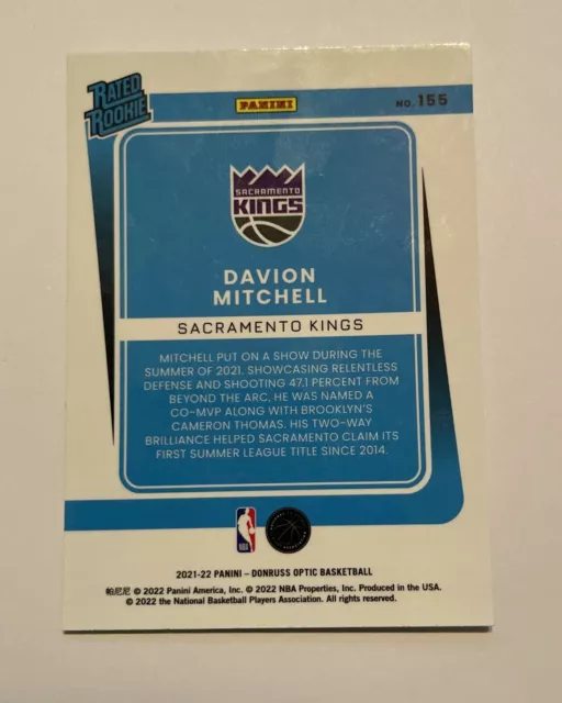 2021-22 DONRUSS OPTIC Davion Mitchell recrue notée #155 Sacramento ...