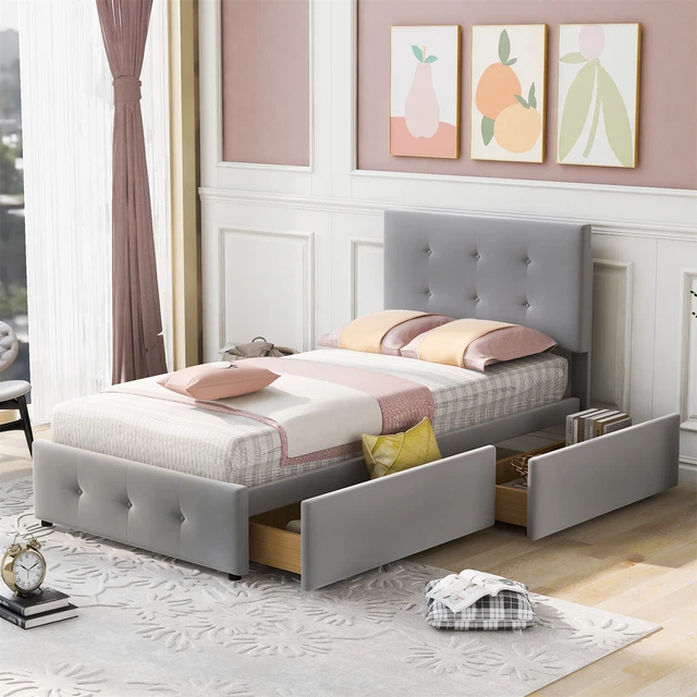 Polsterbett 90x200 cm Einzelbett Gästebett Bettgestell mit Bettkasten Lattenrost