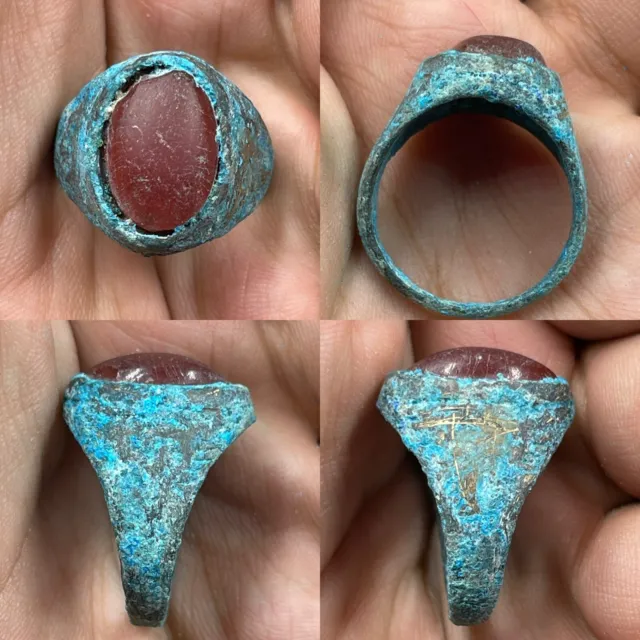 Beautiful Ancient Roman Bronze With Rare Gemstone Inserts On Top Unique Ring