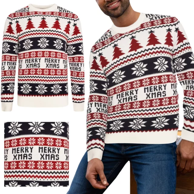 Christmas Knitted Jumper Merry Xmas Tree Fair Isle Aztec Mens Pullover Sweater