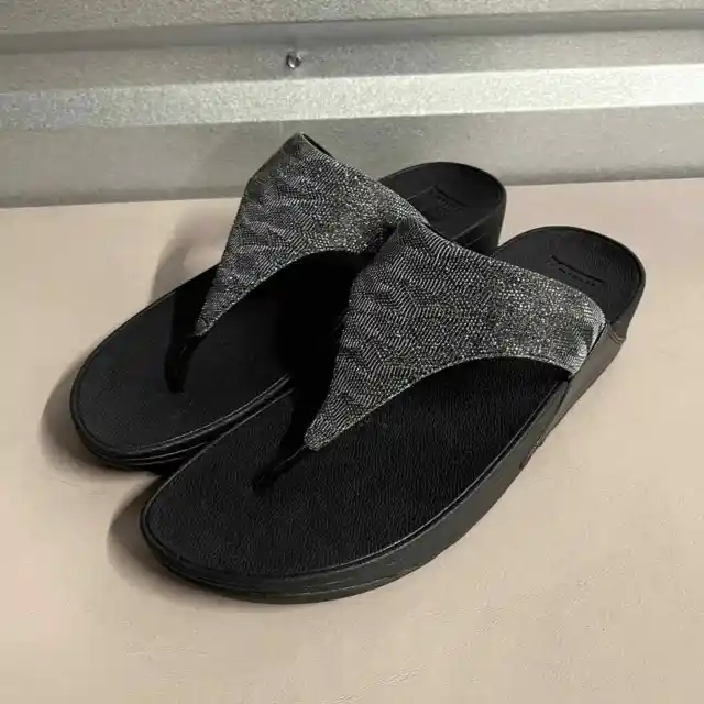 FitFlop Women's All Black Lulu Glitz Toe Post Sandals Flip Flops - Size US 11