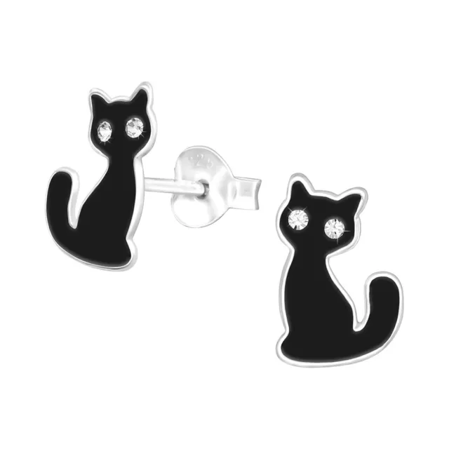 Schwarze Katze  Ohrringe 925 Silber  Kinder Damen Kristall Ohrstecker  Halloween