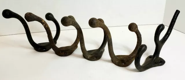 Vintage Lot of 5 Double Tip Cast Iron Coat Hooks 5.25" Barn Hooks