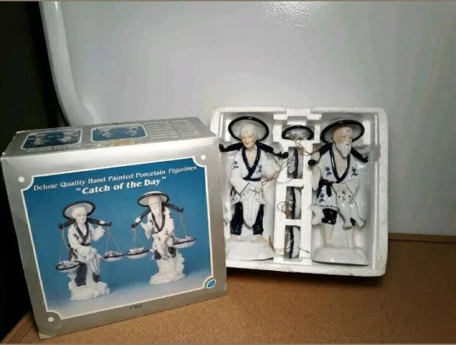 Vintage Blue & White "Catch Of The Day" Hand Painted Chinese Porcelain Figurines