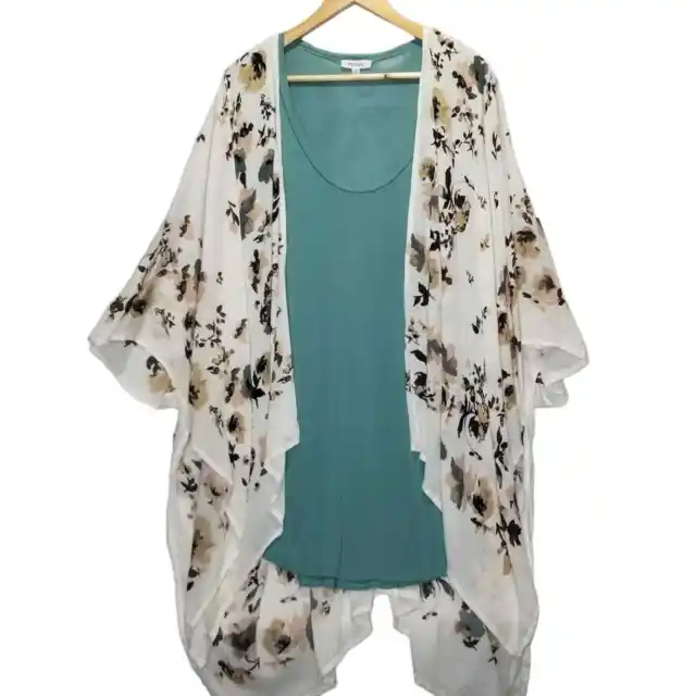 Women's Plus Kimono and T shirt Set White Floral Kimono and Scoopneck Teal Tee