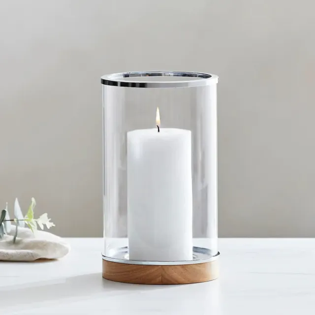 Wood and Chrome Glass Candle holder-Hurricane Lamp